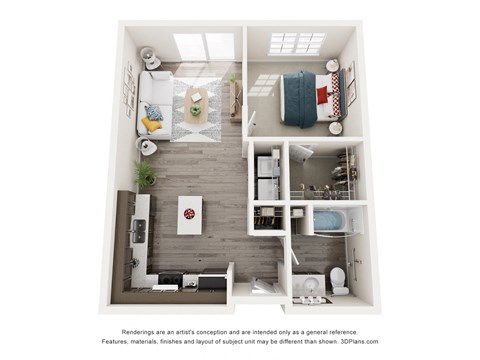 Floor plan for 1 bed, 1 bath, 697 sqft